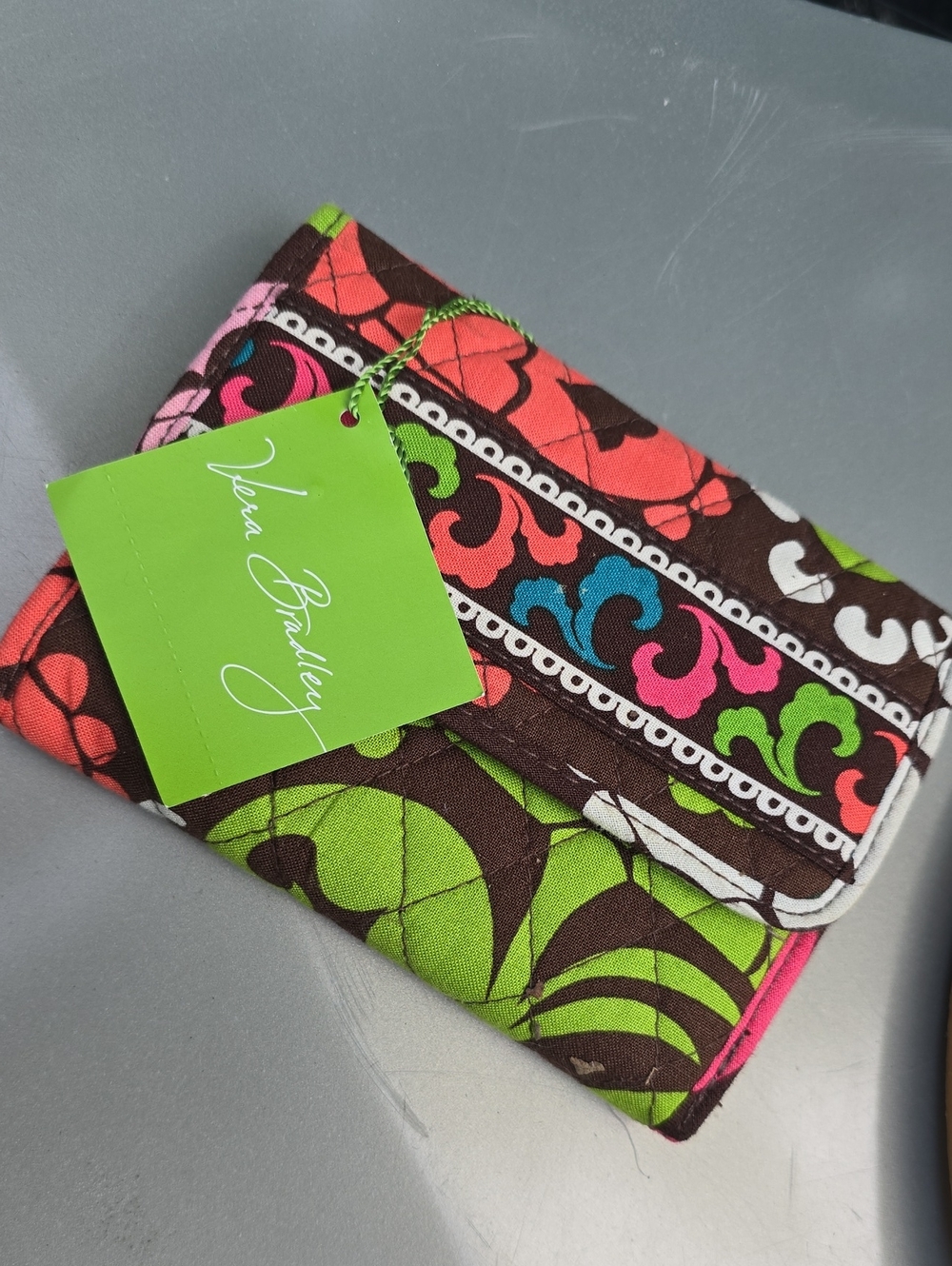 Vera Bradley Lola Brown Pink Multi Quilted Euro Wallet Tri Fold NWT